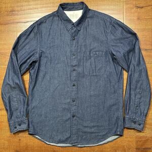 Muji Denim Button Up Shirt Mens M Indigo Blue Long Sleeve Pocket Retro City Prep